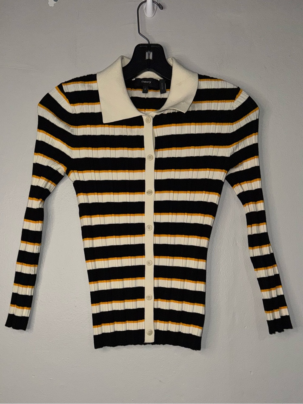Theory Black, Cream & Mustard Striped Ribbed Polo Cardigan